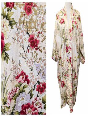 Vintage Made Japan Womens OS Floral Cherry Blossom Open Pocket Cotton Kimono Top
